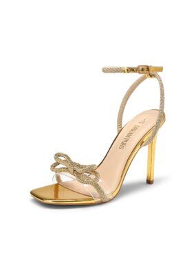 Double Bowknots Crystal Sandals Slingback Stiletto Heels Square Toe
